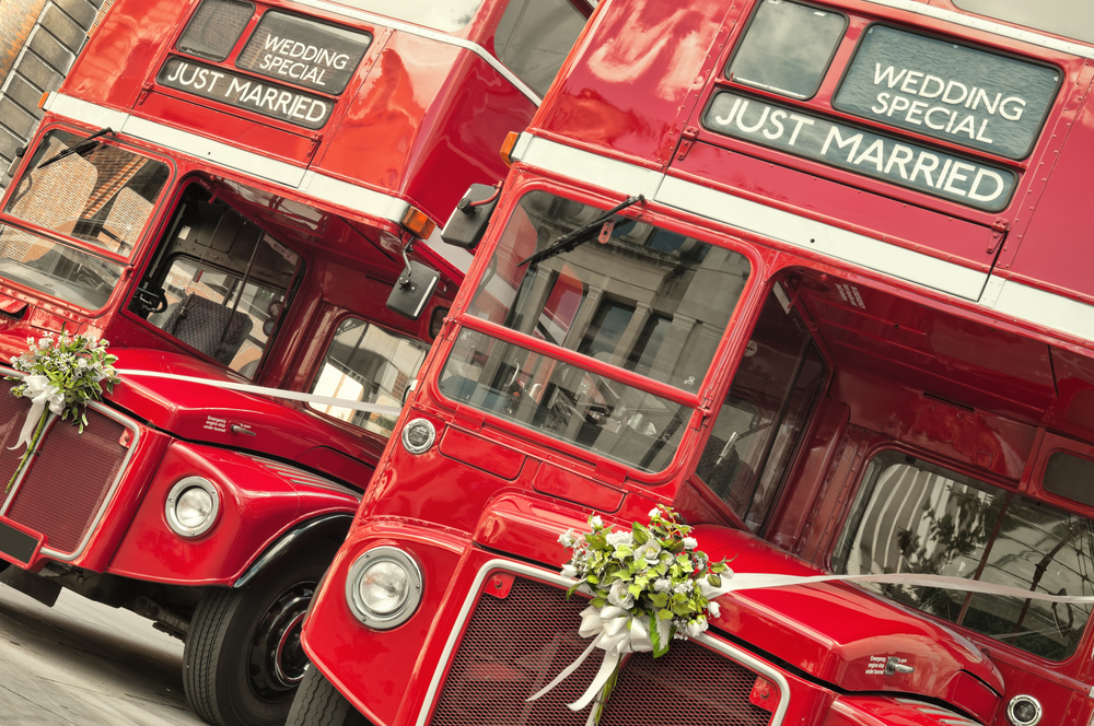 big red wedding bus
