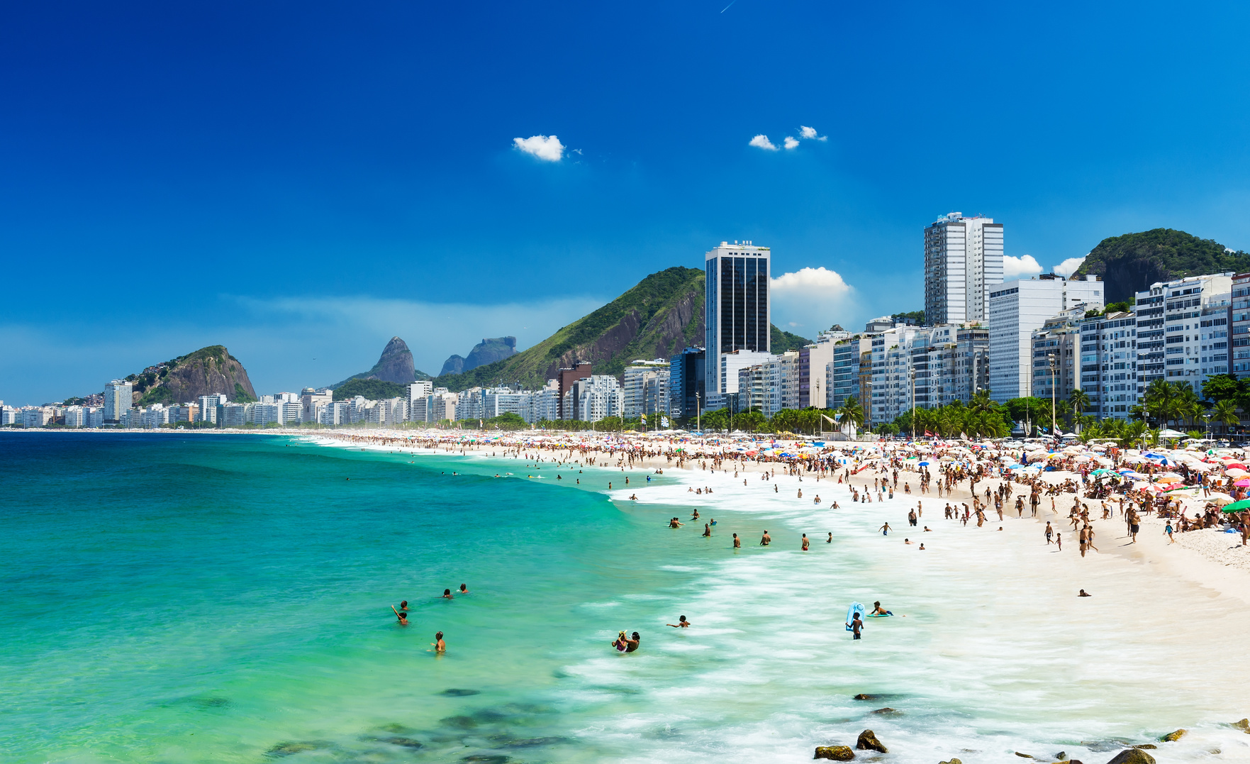 view of Copacabana beach in Rio de Janeiro, Brazil.