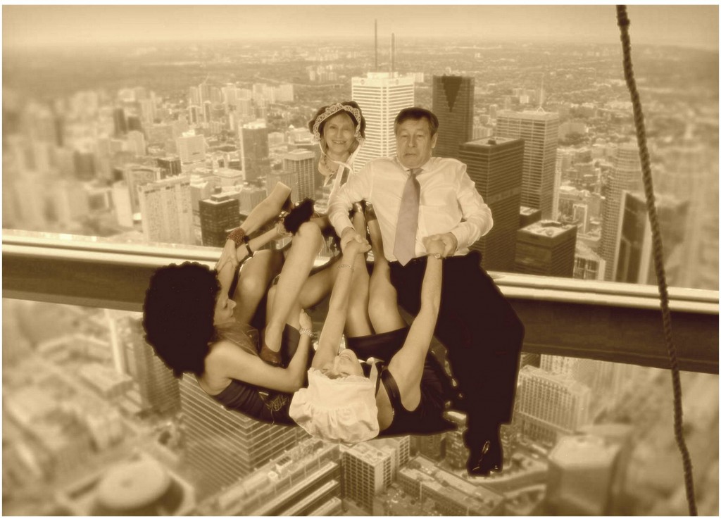 Wedding guests on a skyscraper