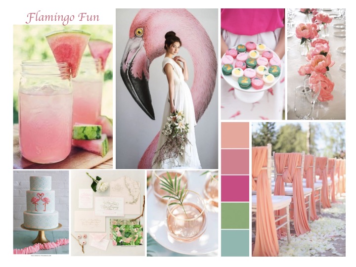 flamingo themed wedding, pink wedding ideas, tropical wedding mood board