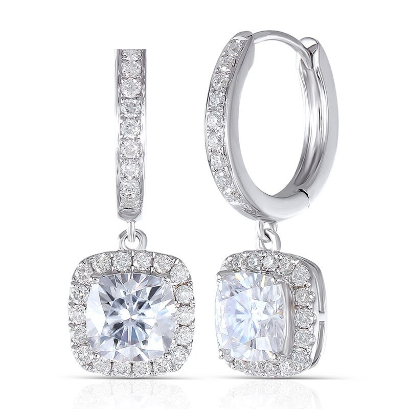 cushion cut moissanite halo drop earrings