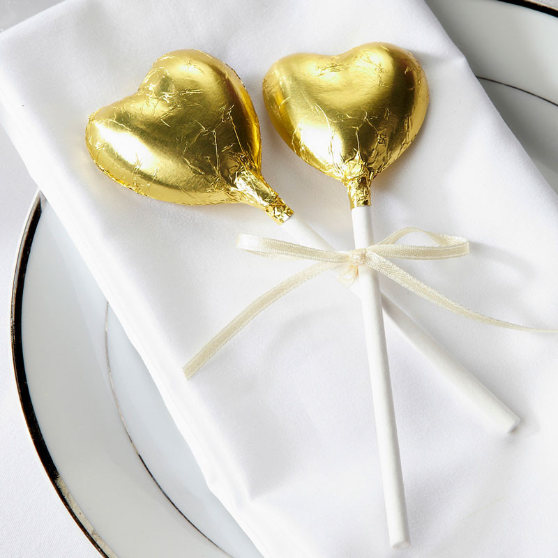gold foil lollipop, chocolate heart lollipop, wedding favours