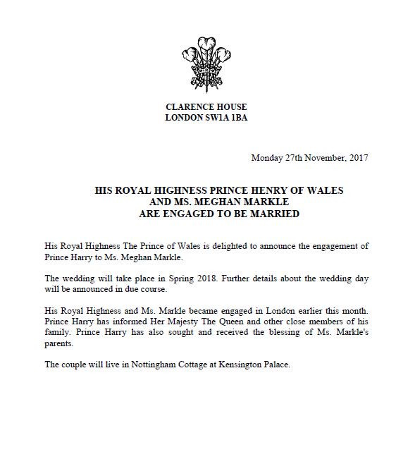 press release, clarence house, royal wedding, meghan markle, prince harry 