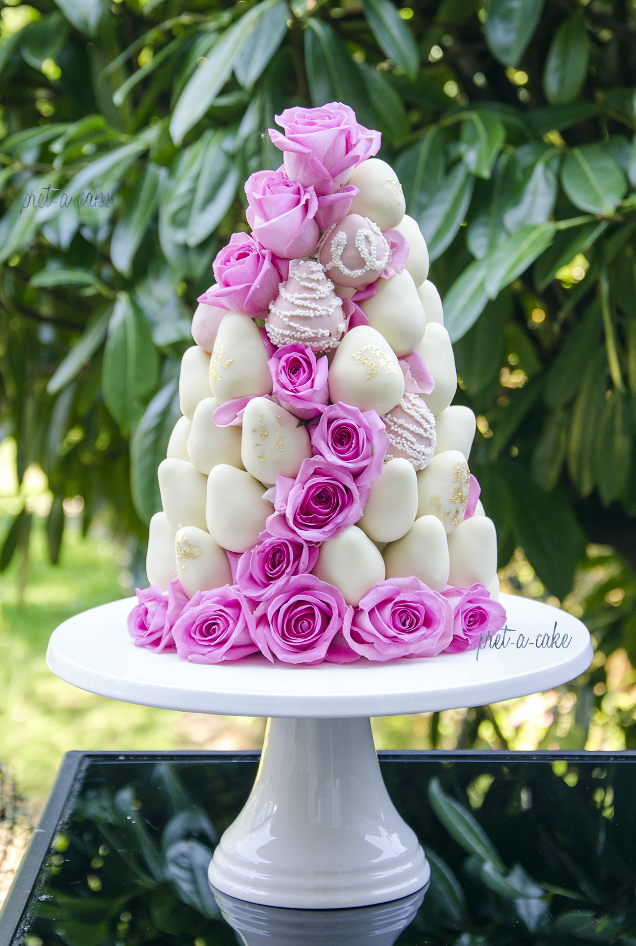 Strawberry tower wedding cake, chocolate covered straberries, alternative wedding cake